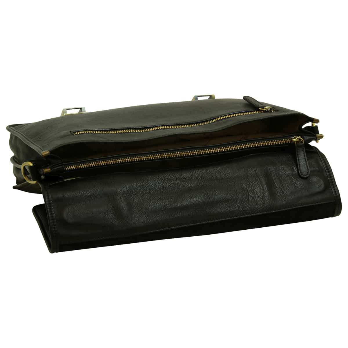 Soft Calfskin Leather Briefcase with shoulder strap - Black | 030991NE | EURO | Old Angler Firenze
