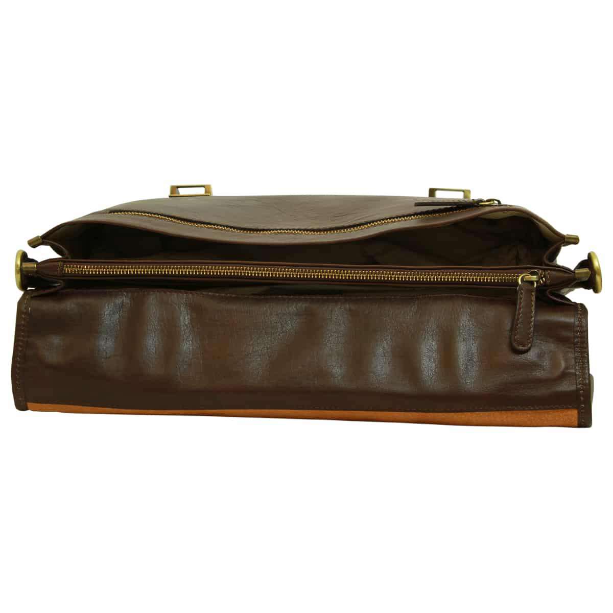 Soft Calfskin Leather Briefcase with shoulder strap - Dark Brown | 030991TM US | Old Angler Firenze