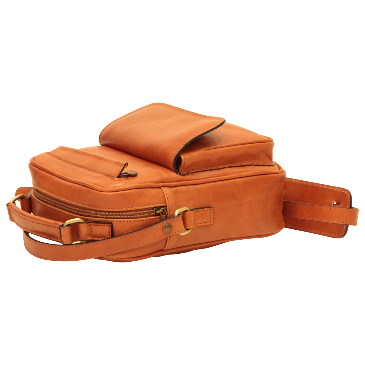 Leather Shoulder Bag with front pocket - Brown Colonial  | 056489CO US | Old Angler Firenze