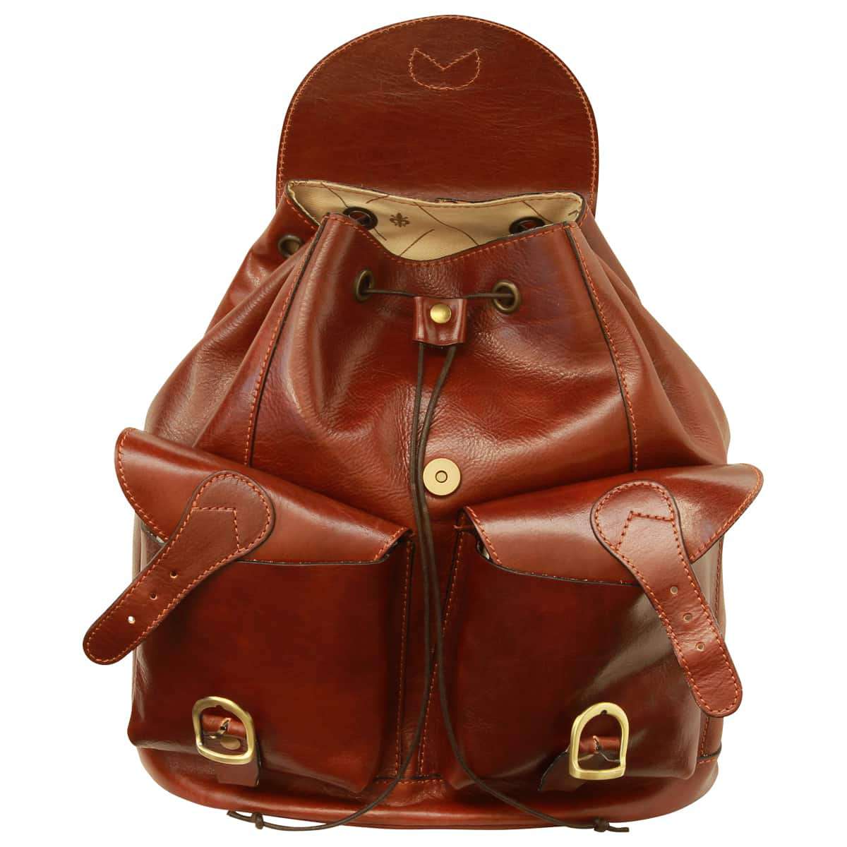 Leather backpack with 2 exterior pockets - Brown | 109305MA US | Old Angler Firenze