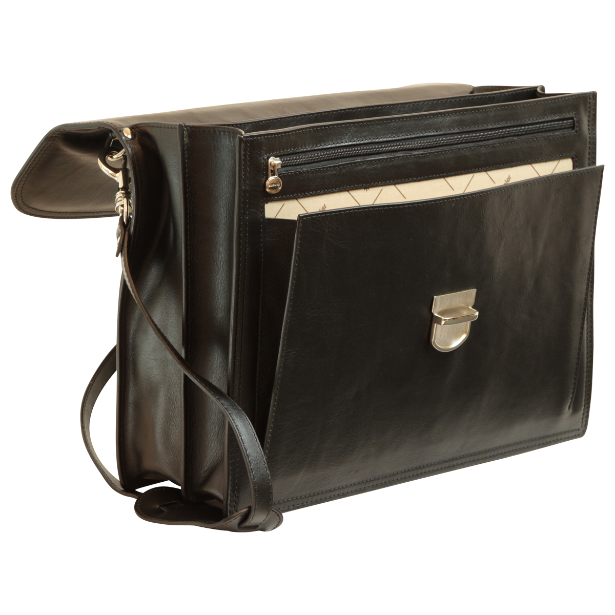 Briefcase with leather shoulder strap - Black | 201689NE US | Old Angler Firenze