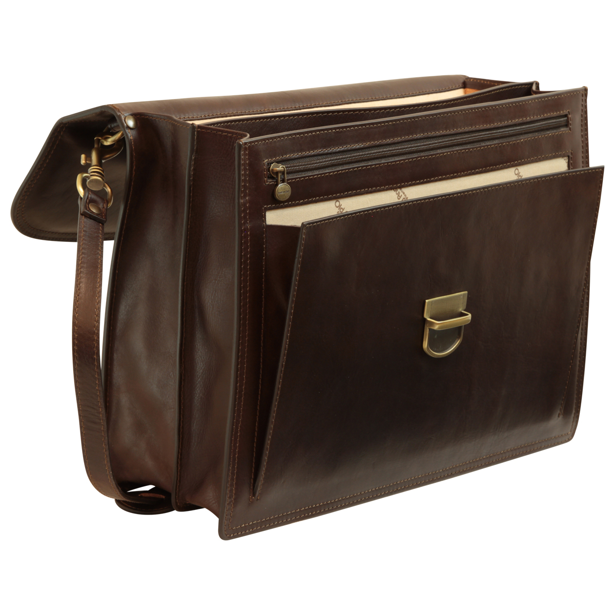Briefcase with leather shoulder strap - Dark Brown | 201689TM US | Old Angler Firenze