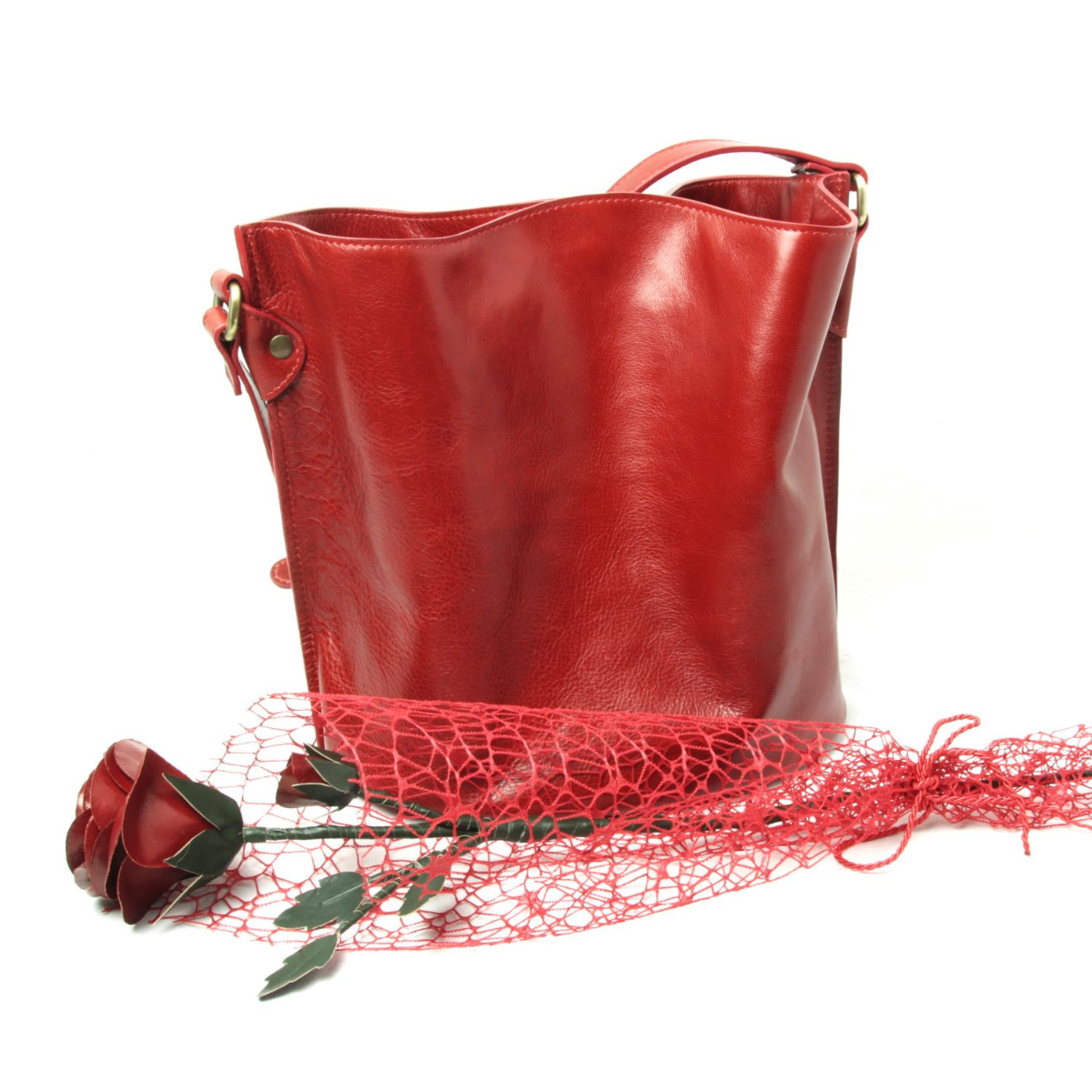 Full grain leather shoulder bag with leather red rose |205405SV|Old Angler Firenze