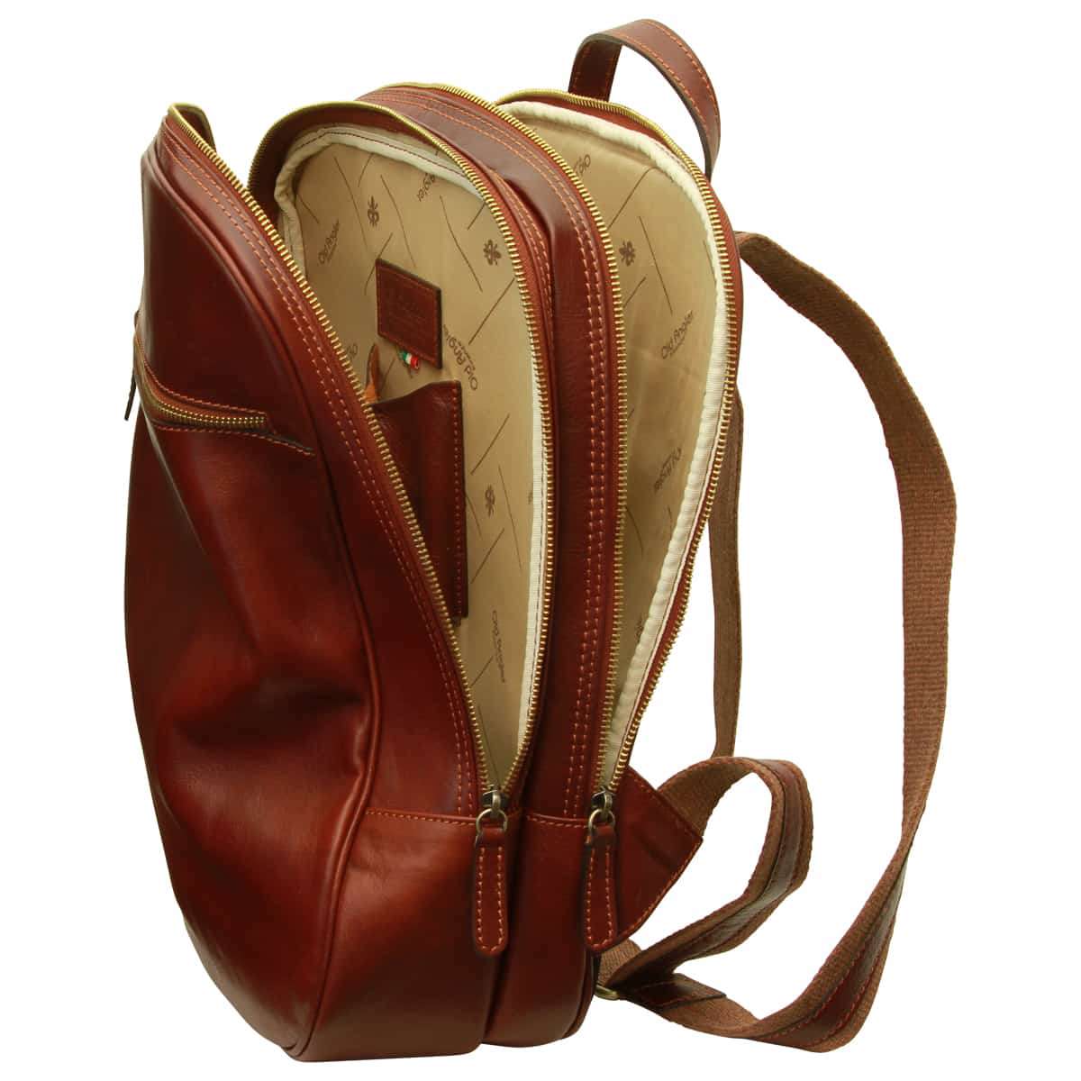 Leather backpack with exterior zip pockets - Brown | 408089MA | EURO | Old Angler Firenze