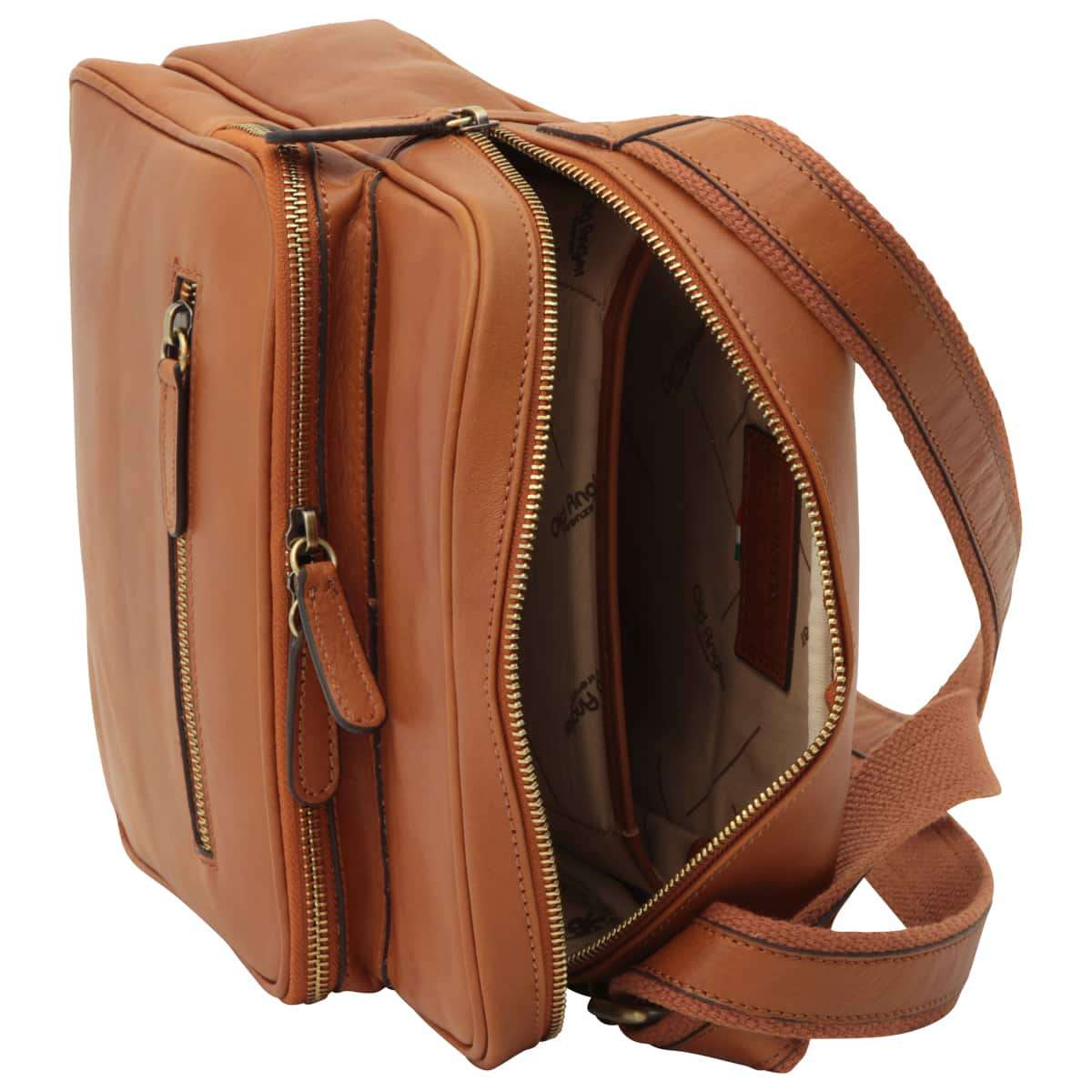 Small leather bag with zip closures - Brown Colonial | 409389CO | EURO | Old Angler Firenze