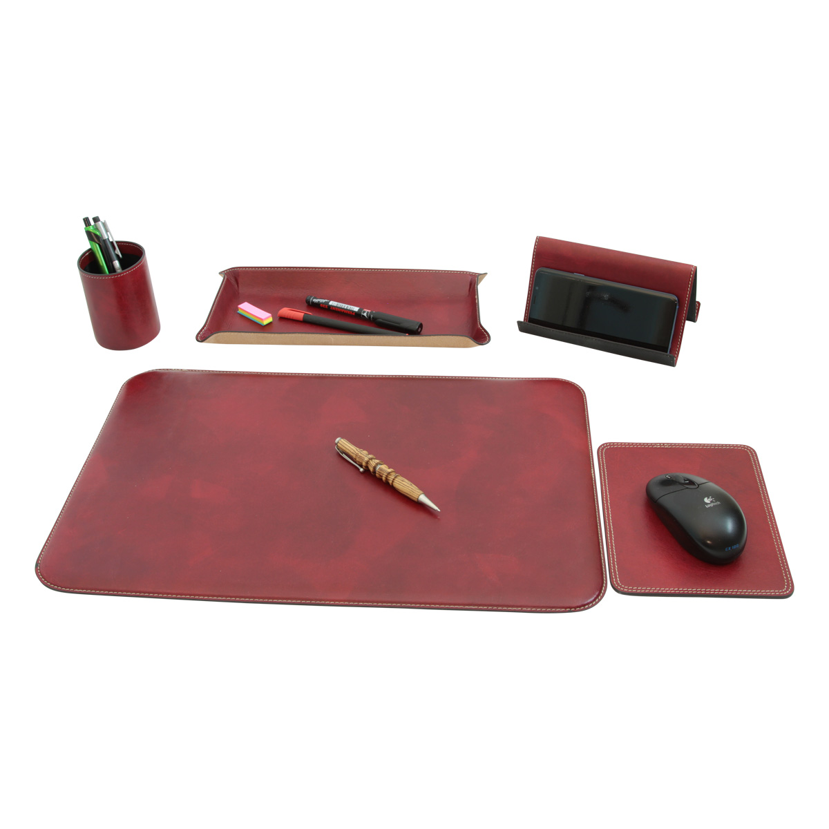 Leather desk kit - 5 pcs  red|769089RO|Old Angler Firenze