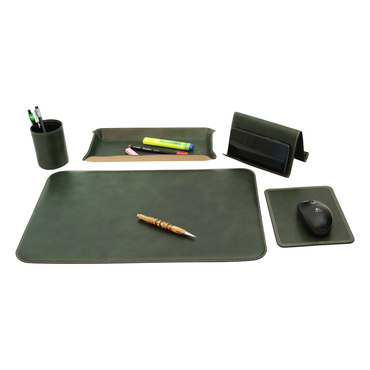 Leather desk kit - 5 pcs   green | 769089VE US | Old Angler Firenze